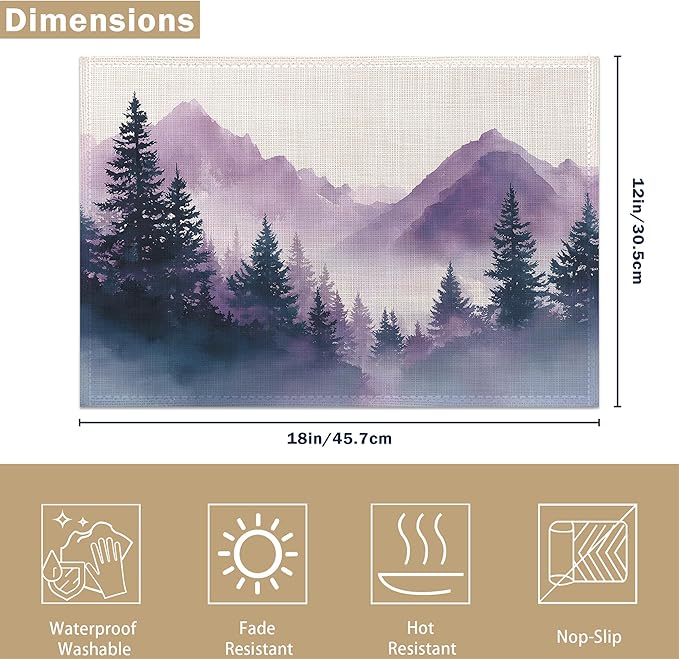 Misty Forest Placemats Set of 6, Rustic Mountain Linen Washable for Christmas, Thanksgiving, Party, and Daily Dining, Decorative Table Mats for 4-6 Person Table