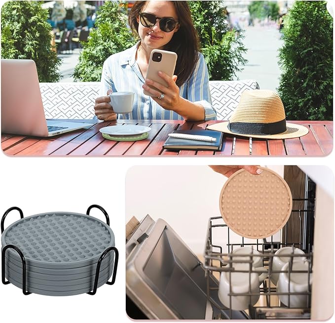 uxcell Set of 6 Round Drink Coasters with Holder, 4" Silicone Coaster for Drinks Non-Slip Cup Coaster Heat Resistant Glass Cushion for Bar Kitchen Office Decor, Gray(Pentagon)