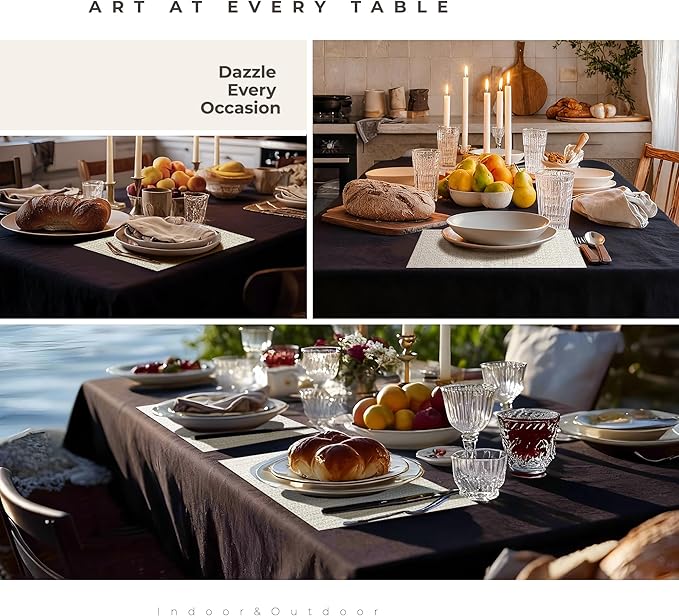 Leetaltree Luxury White and Silver Woven Placemats Set of 12 - Waterproof Washable Textured Table Mats for Wedding, Anniversary, Daily Use - Sparkling Metallic Thread Table Decor - Hand-Cut
