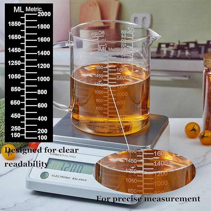 Borosilicate Glass Measuring Cup with Insulated Handle, V-Shaped Spout, Clear, 2000ml/64oz Capacity, Etched Graduation, Easy to Read