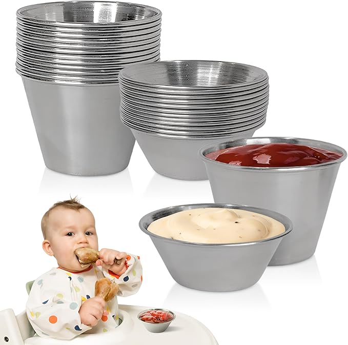24 pcs Stainless Steel Condiment Small Sauce Cups - Round Ramekin Dipping Ramiken, Commercial Grade Metal Condiment for Ketchup, Soy Sauce, Vinegar, Butter