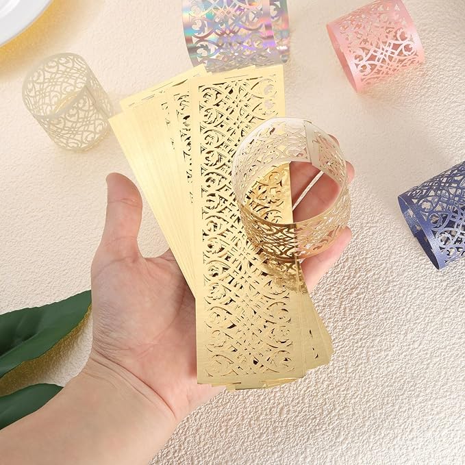 uxcell 100Pcs Napkin Rings Laser Cut Foil Paper, Napkin Holder Hollow Napkin Bands for Weddings Party Serviette Table Decoration Restaurant (Blue, 5.3 x 1.6)