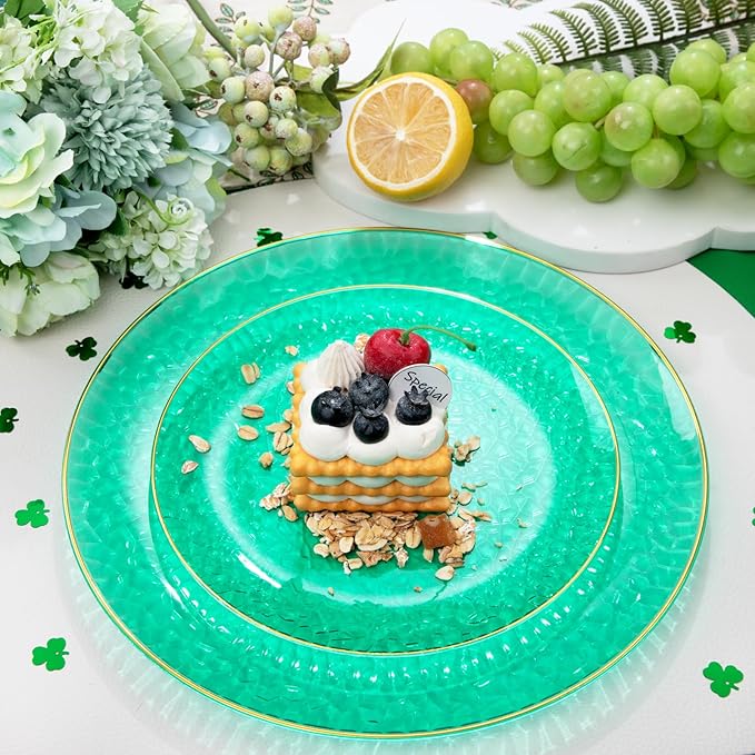 Hioasis 60pcs Green Plastic Plates - Gold Rimmed Disposable, Hammered, Heavy-duty Dinnerware Set Suitable for 30 Guests, 10.25" Dinner & 7.5" Dessert Plates for Party & St. Patrick's Day