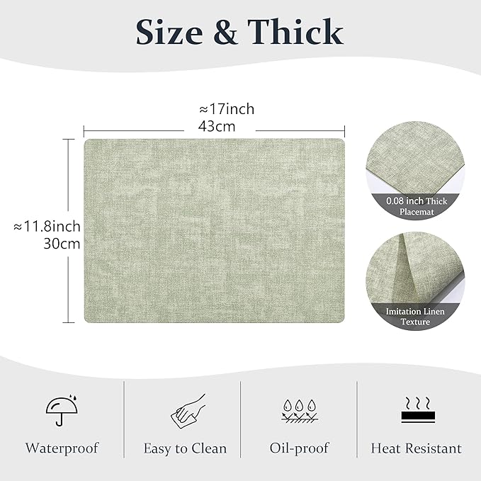 FROMHEART Faux Leather Placemats Set of 6–Waterproof,Heat/Oil Stain-Resistant PU Table Mat–Reversible,Non-Slip,Easy to Clean Place Mats for Kitchen,Dining,Indoor/Outdoor,(Light Green,11.8" x 17")