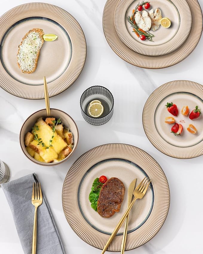 GBHOME Ceramic Dinnerware Sets, 18 Piece Embossed Elegant Stoneware Plates and Bowls Sets, Housewarming Wedding Gift | Dishwasher & Microwave Safe | Dishes Set Service for 6