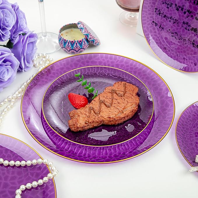 Hioasis 60pcs Purple Plastic Plates - Gold Rimmed Disposable, Hammered, Heavy-duty Dinnerware Set Suitable for 30 Guests, 10.25" Dinner & 7.5" Dessert Plates for Party & Wedding