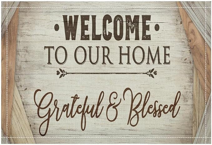 Vintage Farmhouse Placemat Set, Beige White Rustic Wooden Plank Patchwork Welcome Home Letter Inspirational Quotes Pattern Home Decor Linen Table Mats for Dining Room Kitchen Party (17x12in) x2P