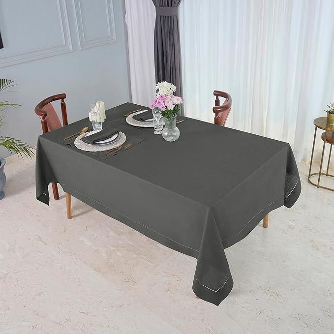 D'Moksha Homes Charcoal Grey Linen Tablecloth for Rectangle Tables 60 x 102 Inch - Classic Hemstitch 100% Pure Linen Grey Table Cloth - Machine Washable Dining Tablecloth for Spring, Easter