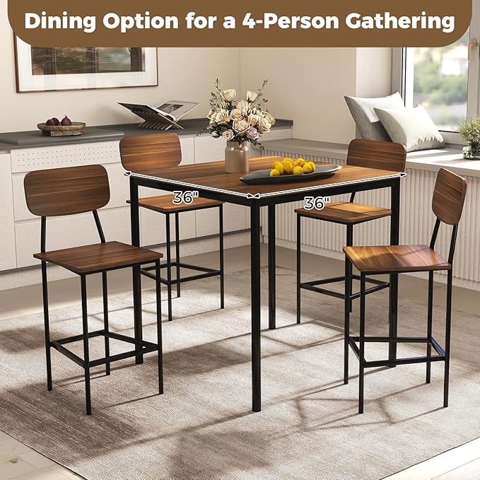 COSTWAY Dining Table Set for 4, 5-Piece Square Kitchen Nook Dinette Set with 4 Bar Stools with Footrest, Backrest, Space-Saving Design, Industrial Kitchen Table and Chairs for Apartment, Brown