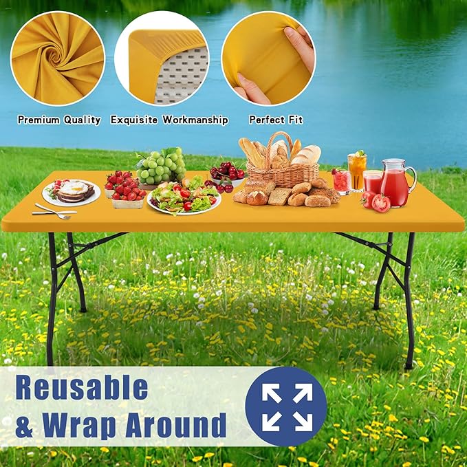 Spandex 4 Foot Rectangle Table Cloth 2 Pack, Elastic Fitted Tablecloths for Picnic, Stretch Washable Patio Table Cover for Outdoor, Camping, Banquet and Parties (Mustard Yellow, 30"x48")