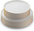 BloominGoods 50 PCS Disposable Plastic Plates For Party, 25 8.5 In. Appetizer Plates And 25 10.5 In. Dinner Plates, White With Gold Rim Plates For Wedding Or Event, Heavy Duty