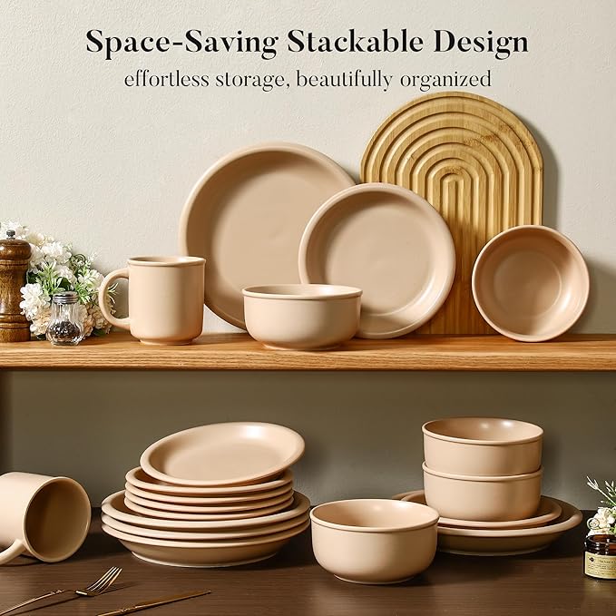 GZG Vintage Series - Ceramic Dinnerware Set for 4, 12 Pieces Stoneware Plates and Bowls Set, Lead-Free, Handcrafted Dishes Set, Microwave & Dishwasher Safe - Warm Apricot