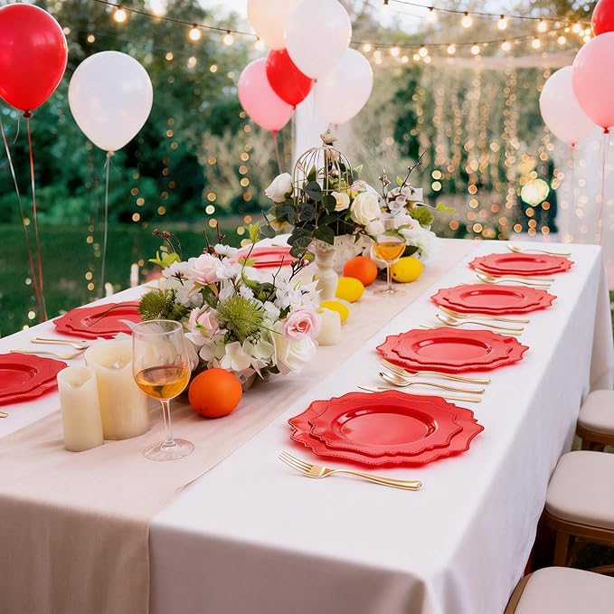 COLOSUS Disposable Plastic Plates 60Pcs, Christmas Red Plastic Party Plates, Heavy Duty 30 Dinner plate 10.5” and 30 Salad/Dessert Plate 8.25” for Christmas party dinner
