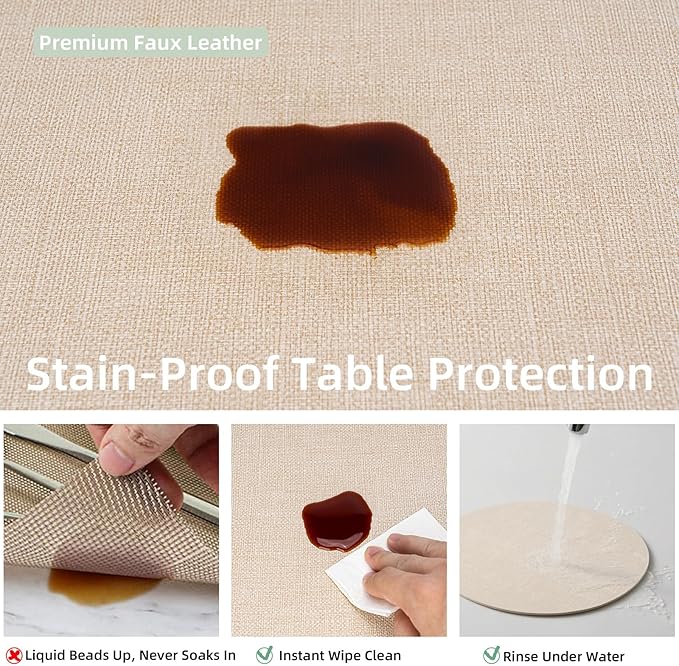Round Wipeable Placemats Set of 4 – Faux Leather Round Table Mats, Waterproof & Washable Vinyl Placemats, Circle Design for Dining Table Decor– Ivory Beige