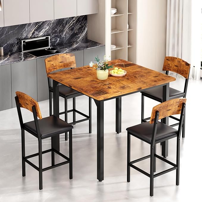 AWQM 5-Piece Dining Table Set, Dining Table Set for 4, Counter Height Table & 4 Bar Stools, Modern Kitchen Dining Set, with Upholstered Chairs, Compact Dining Set for Small Spaces (Walnut Color)