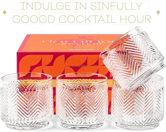 Vintage Flamingo Lowball Cocktail Glasses for Drinking Gin, Rum, Vodka, Whiskey Bar Drinks | Set of 4 | 11 oz Stackable Thick Crystal Short Tumblers | Tropical Glassware Collection