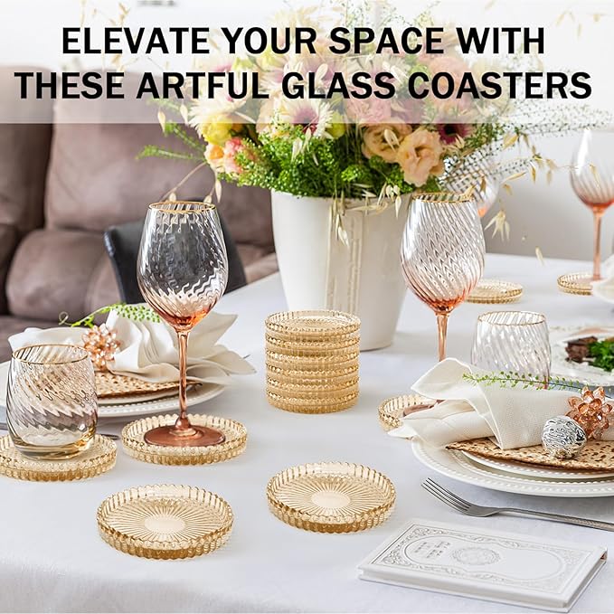 Vintage Glass Coasters, GOH DODD Set of 6 Crystal Coasters Tabletop Protection for Drinks, Home Decor, Kitchen, Living Room, Patio, Wedding, Party, Housewarming Gifts, Amber