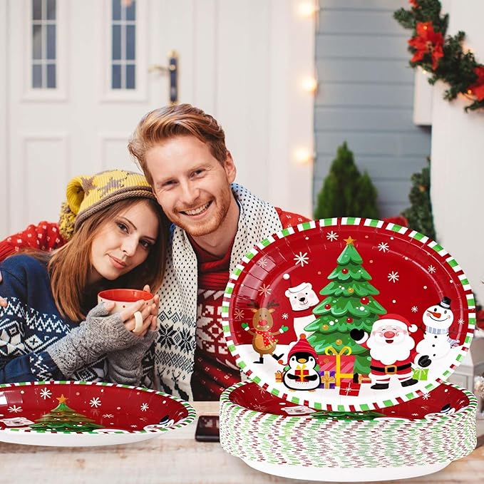 50Pcs Christmas Oval Paper Plates 10" x 12" Large Disposable 400 GSM Heavy Duty Cartoon Penguin Reindeer Snowman Dessert Plates Merry Christmas Birthday Decorations for Festive Xmas Party Supplies