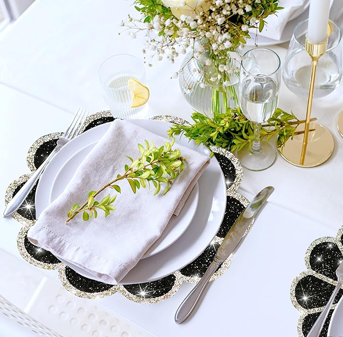 Washable Waterproof Diamond Circle Placemats for Round Tablescape Decor for Dinner and Kitchen Bling Placemats for Weddings & Special Events (Black)-4PCS