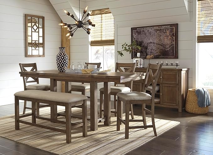 Signature Design by Ashley Moriville Vintage Casual Dining Room Buffet or Server with 4 Cabinets & Center Display Shelf, 2 Drawers, Wood, 56" Wide, Brown