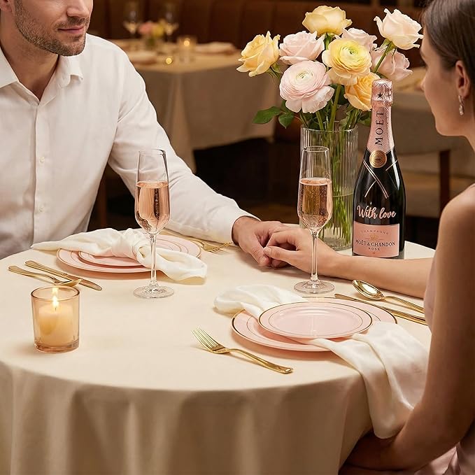 GATHER 350PCS Pink Plastic Plates - Disposable Plastic Dinnerware Set Include 100 Pink Plates, 150 Silverware, 50 Napkins, 50 Cups for Party & Wedding & Valentine's Day