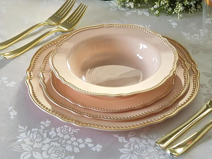 " OCCASIONS " 240 Plates Pack,(120 Guests) Heavyweight Premium Disposable Plastic Plates Set -120 x 10.25'' Dinner + 120 x 7.5'' Salad/Dessert (Rochelle Antique Rose and Gold)