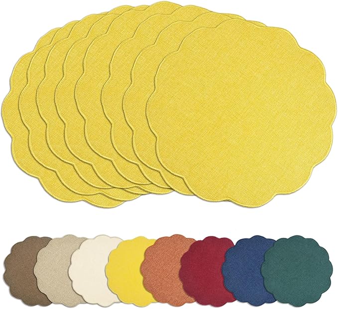 AHHFSMEI Round Faux Linen Placemats Set of 8 Waterproof Table Mats Heat Resistant Non-Slip and Stain Proof for Kitchen Dining Elegant Decor (Yellow,8)