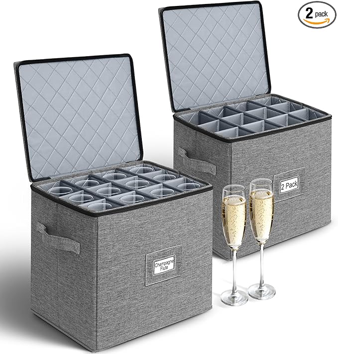 punemi Champagne Flute Storage Container, 2 Pack Wine Glass Storage Box w/Hard-Shell Top, Bottom & Sides, Dividers, Stackable Glassware Storage Container for Champagne, White Wine & Stemware