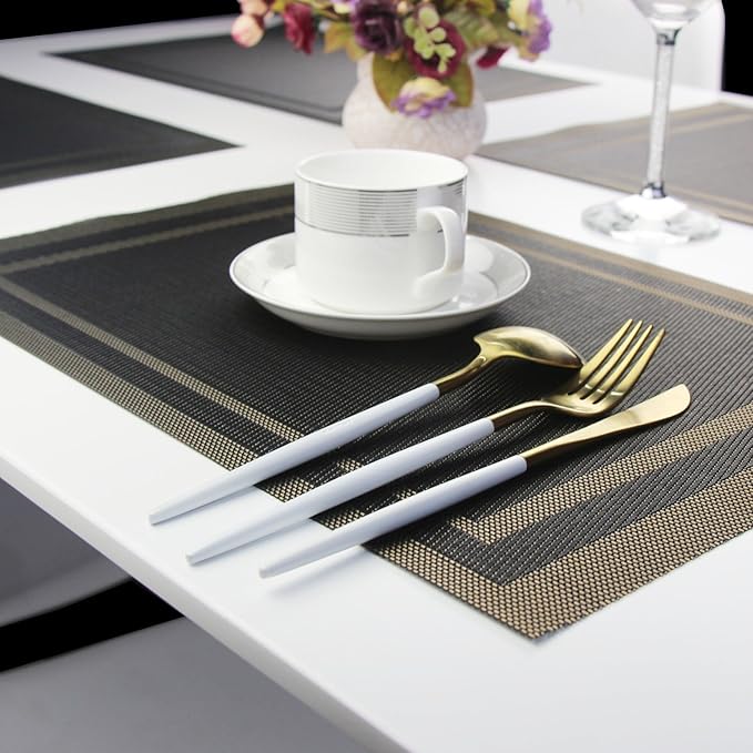 Placemats for Kitchen Woven Vinyl Table Placemat Heat-resistand Table Plastic Mats Set of 4 (Gold+Black)