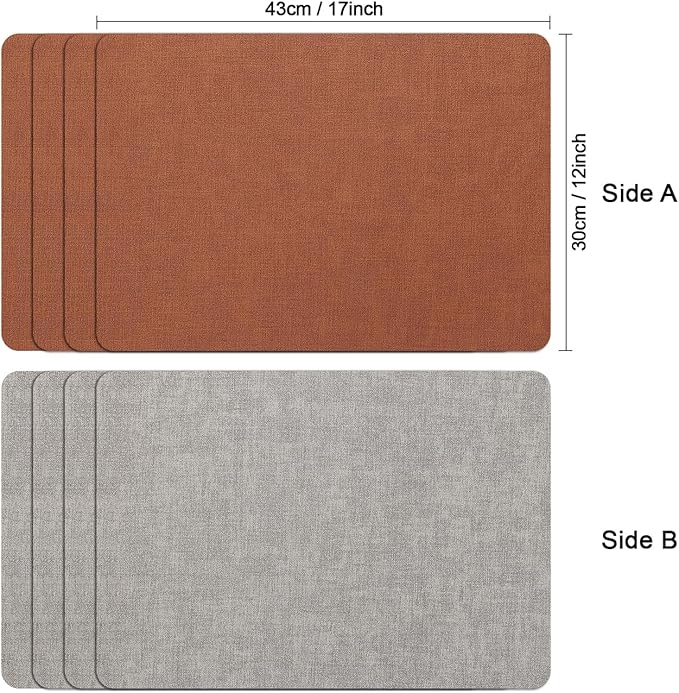 Myir JUN Reversible Vinyl Placemats Set of 6, Faux Leather Place Mats Dual Sided Waterproof Wipeable, Heat-Resistant Table Mats for Kitchen Dining Indoor Outdoor (12" x 17", Light Gray Reddish Brown)