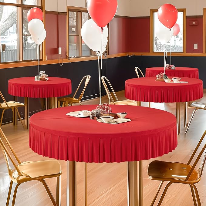 4 Pack Red Spandex Round Tablecloths for 60 Inch Tables, Stretchy Fitted 5FT Cloths, Wrinkle-Free Cover With Skirt for Wedding Party Dining Banquet