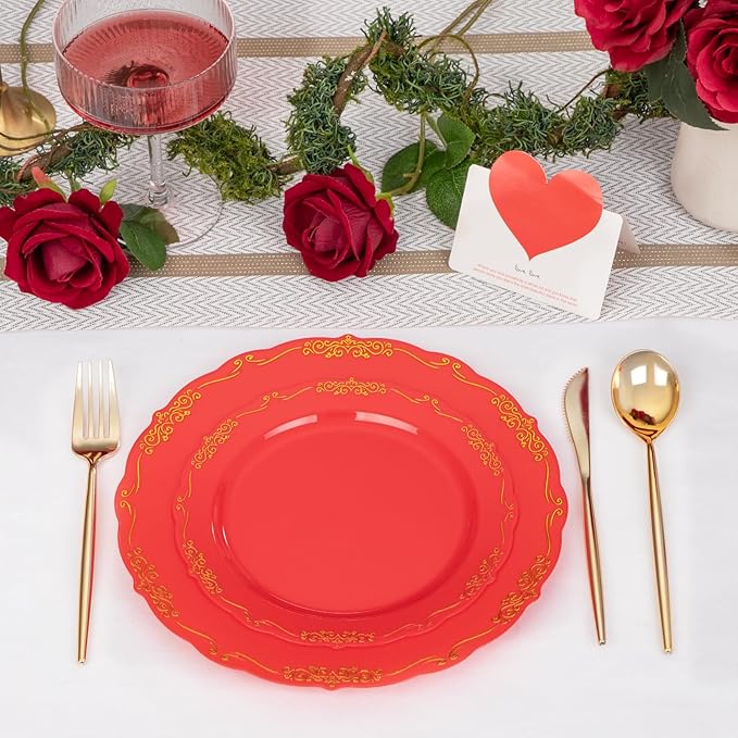 U-QE 100PCS Red Plastic Plates - Heavy Duty Red Disposable Plates Disposable with Gold Rim - Include 50PCS 10inch Dinner Plates and 50PCS 7.5inch Dessert/Salad Plates for Party
