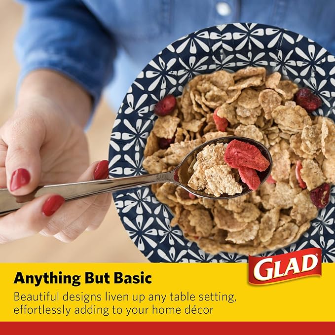 Glad Disposable Paper Bowls With Blue Mosaic Design, 16 Ounces, Soak Proof, Cut-proof, Microwaveable, 300 Count