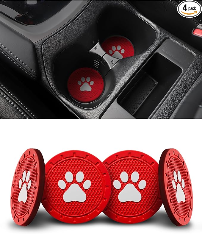 4 Pack Car Cup Coasters, Universal Dog Paw Print Non-Slip Silicone Cup Holder Inserts, Car Interior Accessories, Red
