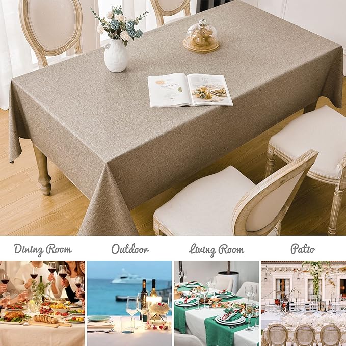 2 Pack Rectangle Tablecloth, 60x120 inch, Water Resistant Wrinkle Free Linen Textured Table Cloth Washable, Decorative Fabric Table Cover for Dining, Party and Camping, Mocha