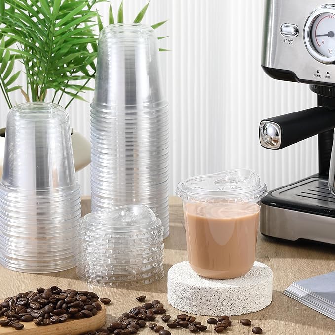 50 Sets 12 oz Clear Plastic Cups with Strawless Sip Lids, Thickened Clear Disposable Plastic PET Crystal Cups for Iced Coffee, Smoothie, Cold Beverage, Drink Shops and Party Catering