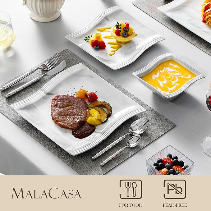 MALACASA Square Dinnerware Sets, 26-Piece Marble Grey Plates and Bowls Sets, Porcelain Dinner Set Microwave Safe, Kitchen Dinnerware Plates Set, Dishes and Bowls, Service for 6, Series Flora