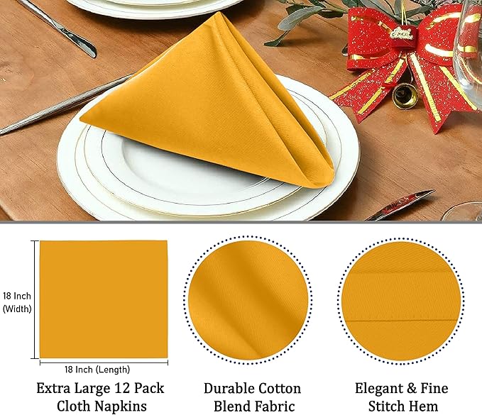 Ruvanti Cloth Napkins Set of 4, 18x18 Inches Napkins Cloth Washable, Soft, Durable, Absorbent, Cotton Blend. Table Dinner Napkins Cloth for Hotel, Lunch, Restaurant, Wedding Parties - Mustard