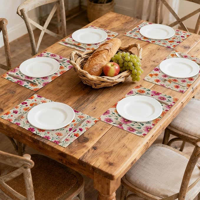 Herbs and Wild Flowers Spring Placemats, Seasonal Summer Placemats 12x18 Inch Waterproof Non-Slip Washable Table Mats for Kitchen Dining Party Table Decor,Set of 6