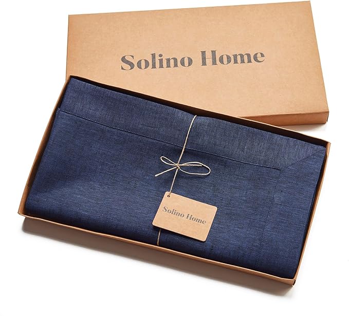 Solino Home Linen Tablecloth 60 x 108 Inch - 100% Pure Linen Chambray Navy Table Cloth for Rectangular Tables - Athena, Machine Washable Cloth Tablecloth for Winter, Spring