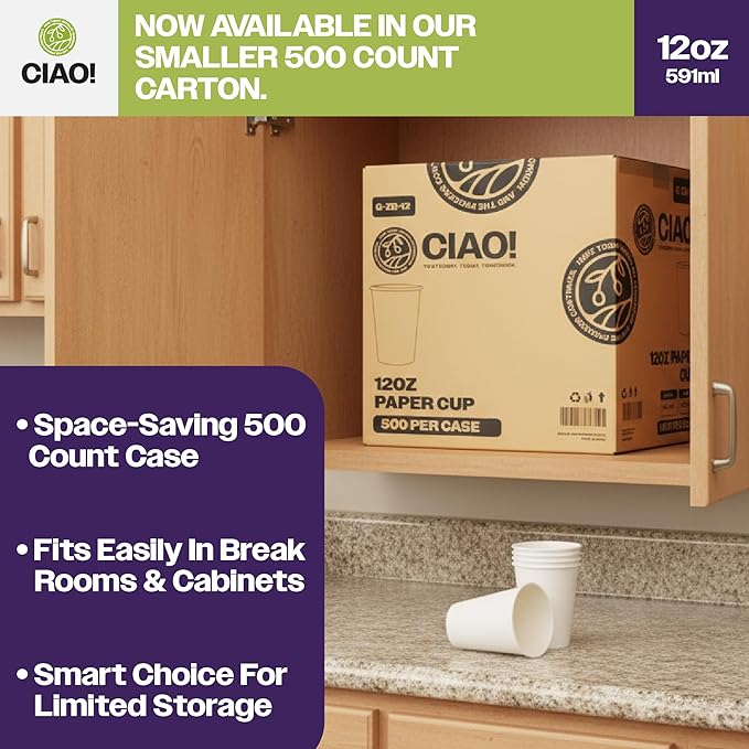 CIAO! 12oz White Paper Hot Cup, Disposable, 80mm Diameter 500 Count
