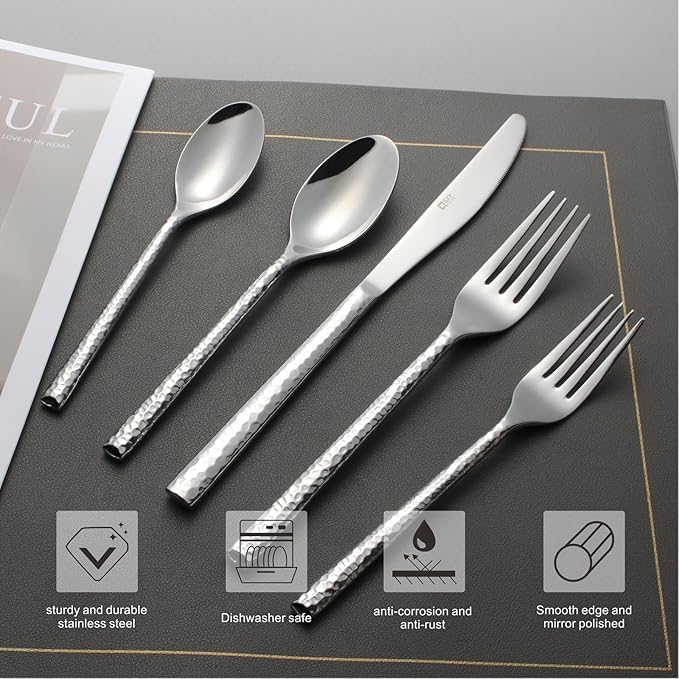 45-Piece Forged Hammered Stainless Steel Flatware Cutlery Set for 8, SXY INOX Includes 8 sets and 1 Butter Knife,1 Serving Tablespoon,1 Cold Meat Fork,1 Pierced Tablespoon,1 Suger Spoon