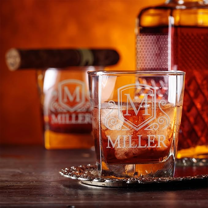Customization Mill Set of 2, Monogrammed Whiskey Rocks Glasses w/ Name & Initial - Gifts for Men 9 Designs Personalized Bourbon Custom Birthday Dad, Old Fashioned Scotch