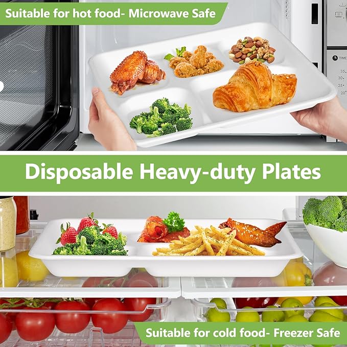 Compostable 5 Compartment Plates Disposable, 10.25 x 8.25 inch, [50-Pack] Heavy Duty Paper Plates with dividers, Sturdy School Lunch Trays, White Large Paper Dinner Plates for Buffet Party