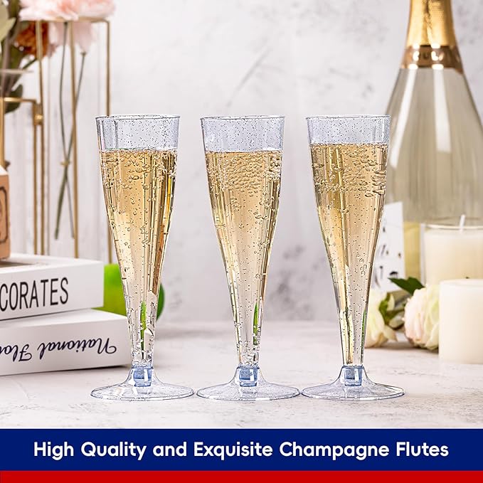 JOLLY CHEF 100 Pack Plastic Champagne Flutes Disposable 4.5 oz Blue Glitter Plastic Champagne Glasses Suitable for Wedding, Thanksgiving Day, Christmas