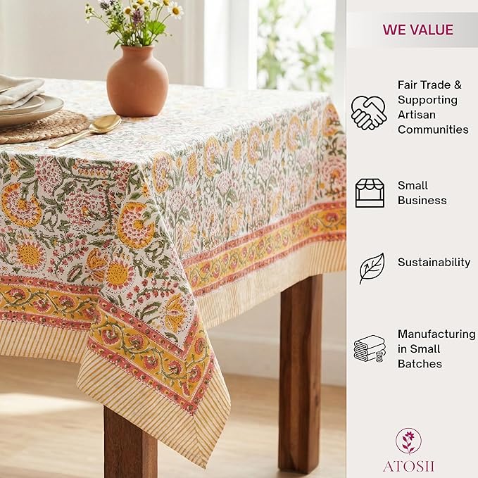 ATOSII Clover Yellow 100% Cotton Square Fall Tablecloth, Handblock Floral Print Linen Table Cloth for Kitchen Dining I Parties, Weddings, Outdoors, Christmas, Thanksgiving Fall Decor 60 X 60 Inches