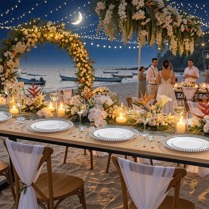 KIRE 100PCS Silver Plastic Plates - Heavy Duty White Disposable Plates with Silver Rim for Party/Wedding - Include 50Pcs 10.25inch Dinner Plates and 50Pcs 7.5inch Dessert Plates for Christmas