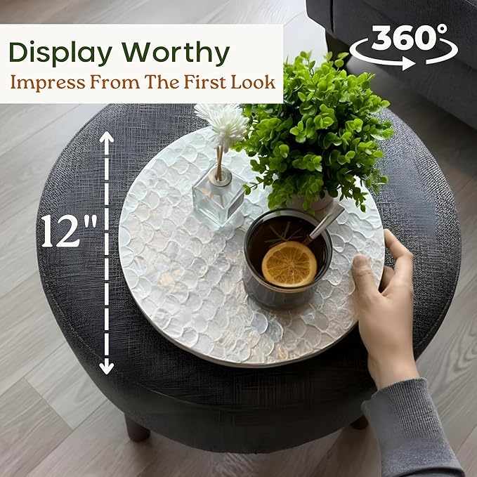 12 Inch Capiz Lazy Susan, Decorative Lazy Susan Turntable Centerpiece for Dining Table, Kitchen Counter, Round Mother of Pearl Capiz Shell Spinning Tray for Countertop & Tabletop (White)