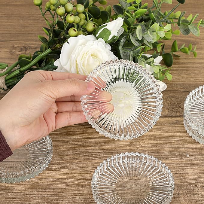 JUXYES 5 Pack Glass Coasters Round Cup Mat, Clear Glass Coaster for Drinks Coffee Tea Wine, Decorative Wine Bottle Coasters, Crystal Drink Coasters for Restaurant bar Kitchen Dining Table