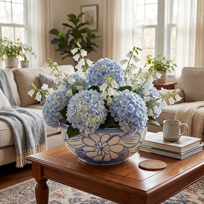 LemonRoad Large Blue and White Bowl Hand Painted Stoneware Decorative Bowls 16" x 7.7'' Floral Chinoiserie Ceramic Planter XL Pottery Porcelain Rice Bowl for Cereal Fruit Serving Kitchen Centerpiece